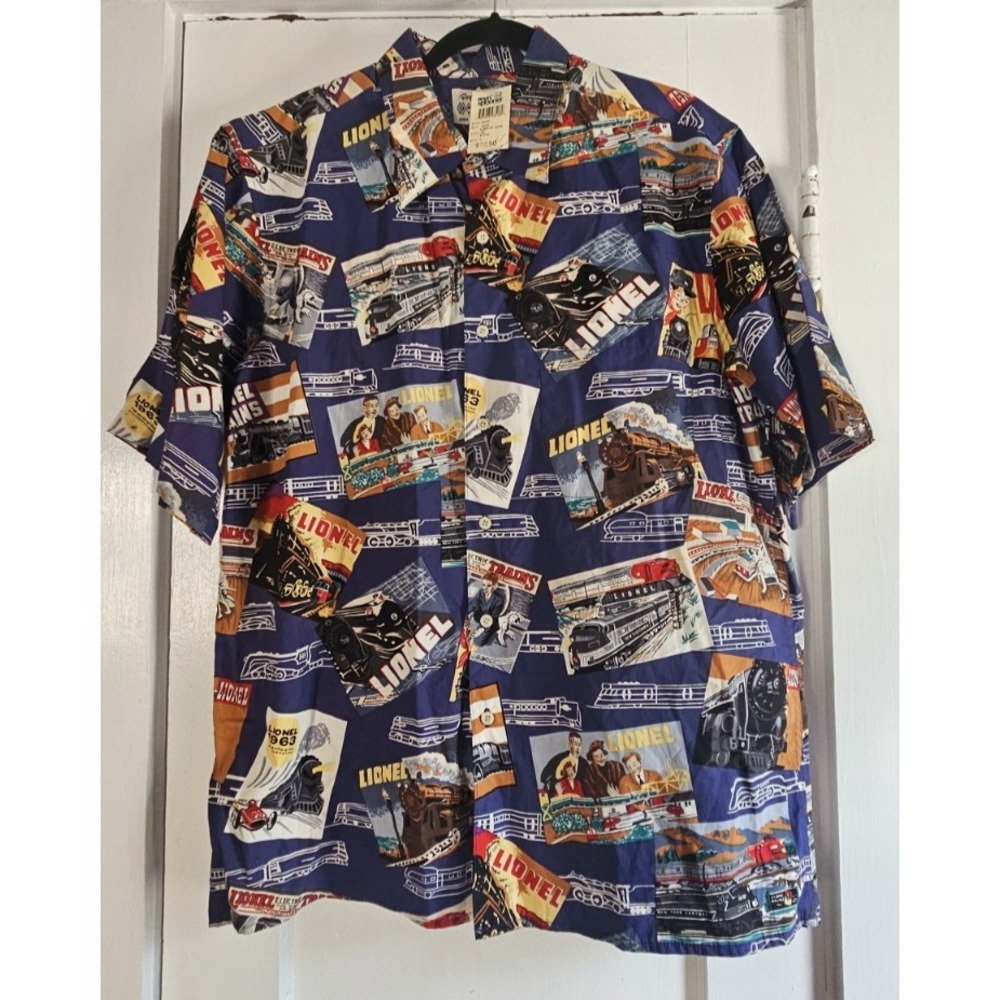 NWT Reyn SPOONER LGND of Lion  LIONEL TRAINS Hawaiian shirt Men L button down